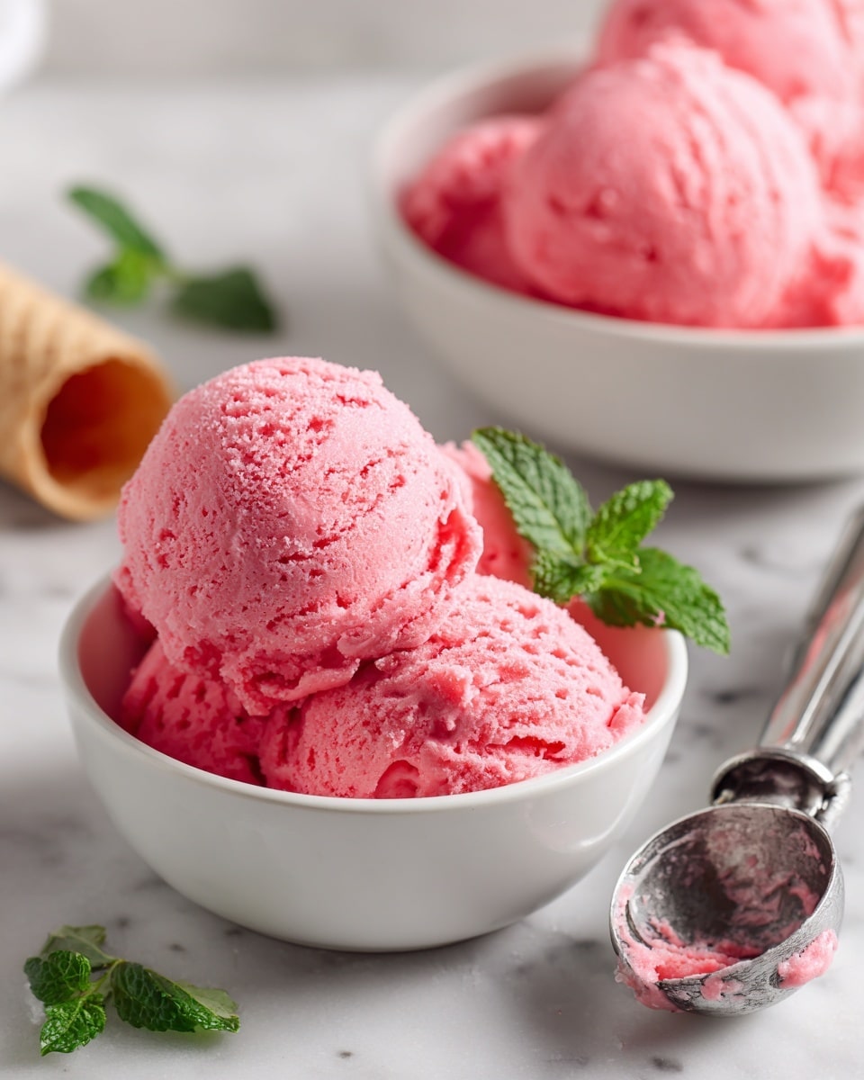 The image shows a close-up of several scoops of bright pink ice cream in silver scoops and white bowls placed on a white marbled surface. One scoop sits firmly in a silver ice cream scoop, showcasing its soft and slightly rough texture. Nearby, there is a white bowl filled with the same vibrant pink ice cream, and behind it, an empty white cone lies on the surface. In the background, hints of green mint leaves add a pop of color. The overall scene has natural light shining softly, making the ice cream look fresh and creamy. Photo taken with an iphone --ar 4:5 --v 7