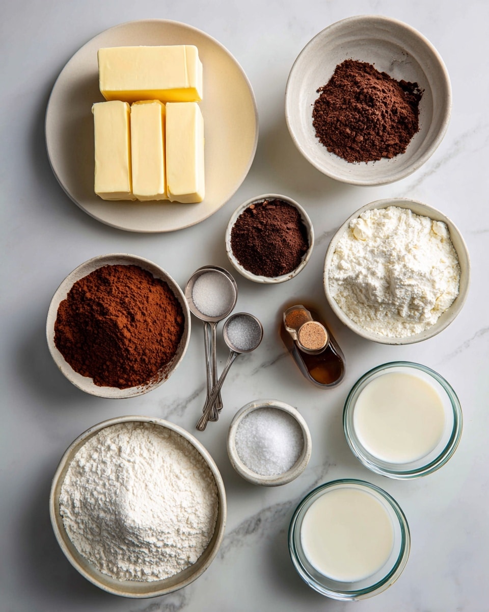 The image shows a neatly arranged collection of baking ingredients on a white marbled surface. There are three strips of pale yellow butter stacked on a white plate. Next to the plate, two stacked metal measuring spoons hold small amounts of salt and baking soda. Two small white bowls contain dark brown cocoa powder, while a large clear glass bowl is filled with white flour. A similar sized bowl holds powdered sugar with a fine, powdery texture. A smaller clear measuring cup is filled with granulated white sugar, and two glass cups hold milk and buttermilk, both white liquids. A small brown bottle of vanilla extract and a small clear bowl with raw beaten eggs complete the set. Each ingredient is labeled with black text in a playful font. Photo taken with an iphone --ar 4:5 --v 7