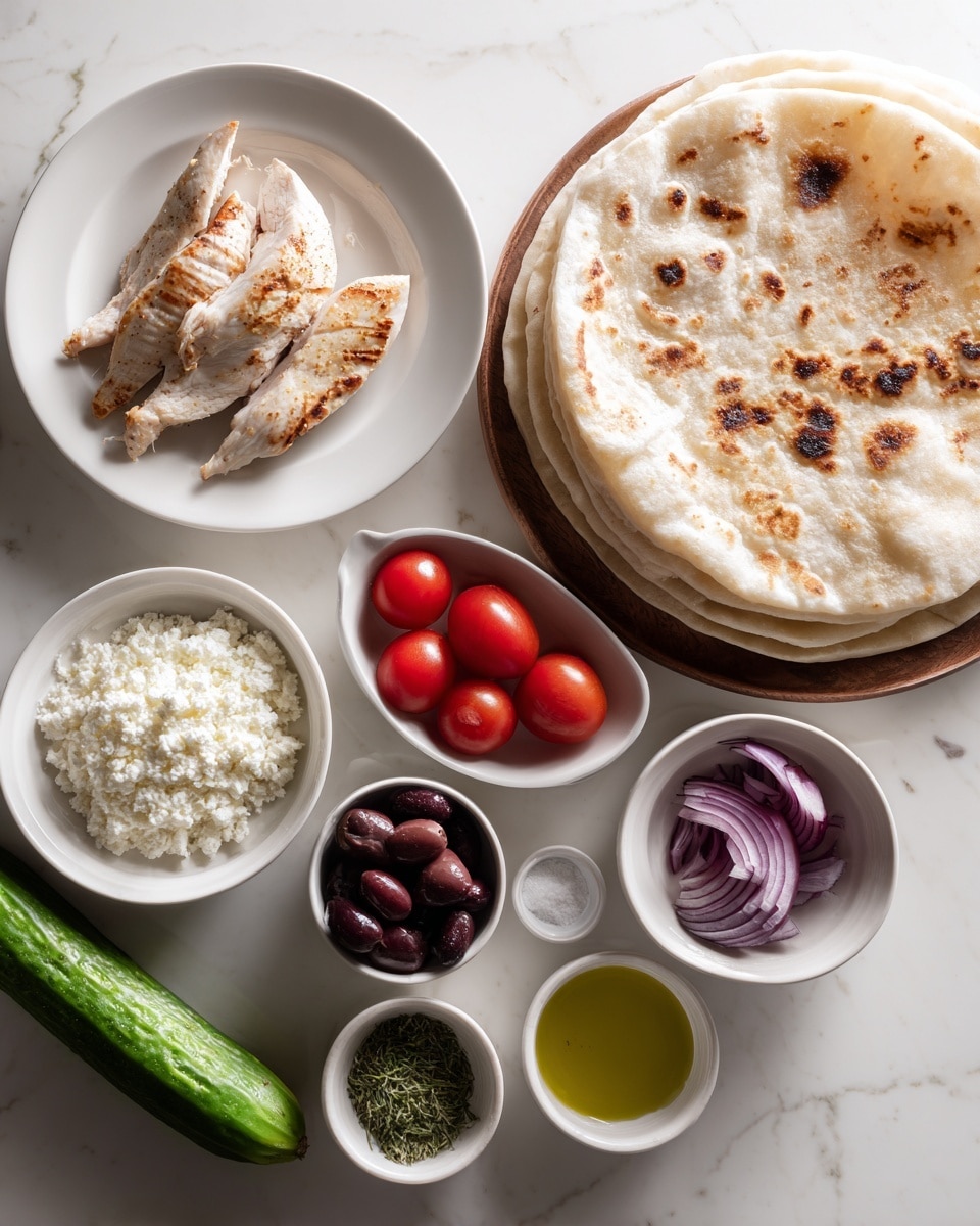 A top view of many white bowls and a white plate with food on a wooden tray on a white marbled surface. The largest item is a round flatbread with light brown toasts all over, placed near the top center on a white plate. On the left side, a white plate holds three pieces of grilled pale brown chicken seasoned lightly with darker grill marks. Below the flatbread is a small white bowl of white crumbled cheese. To the right side, a white bowl is filled with four red tomatoes, and next to it is a small white bowl containing black and dark brown olives. At the bottom is a long green cucumber placed horizontally. Near the top right, smaller white bowls hold a dark purple onion, some green oil, a small amount of salt and herbs, and an empty small bowl. photo taken with an iphone --ar 4:5 --v 7