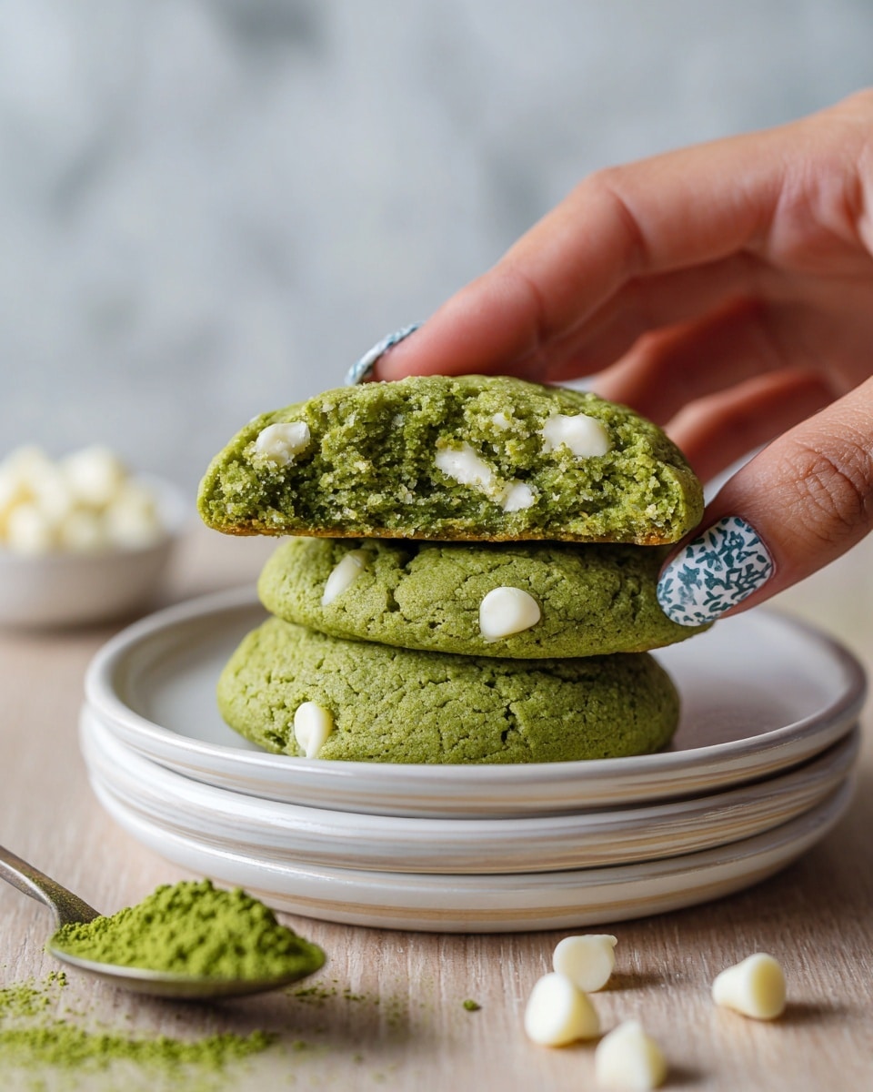 A close-up of two green matcha cookies held by a woman's hand with blue and white nail art, showing the soft, crumbly texture inside. The cookies have visible white chocolate chips embedded throughout, giving a contrast to the vibrant green color. They are held above a stack of white plates with a simple ridged design, placed on a light wooden surface with a white marbled texture in the background. Small white chocolate chips and a spoon with green matcha powder are scattered around the scene. Photo taken with an iphone --ar 4:5 --v 7