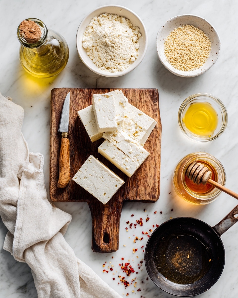 A wooden board sits on a white marbled surface with a block of white tofu partly sliced into thick square pieces, next to a small knife with a wooden handle. To the left, a clear glass bottle of olive oil is nearby next to a white cloth. Above the board are two white bowls, one with a beige powder and the other with light brown breadcrumbs. To the right, a small clear bowl contains a yellow liquid, and next to it is a jar of honey with a silver spoon stuck inside. Below all these items is a black pan with a wooden handle. Small scattered red chili flakes are visible near the jar of honey. Photo taken with an iphone --ar 4:5 --v 7