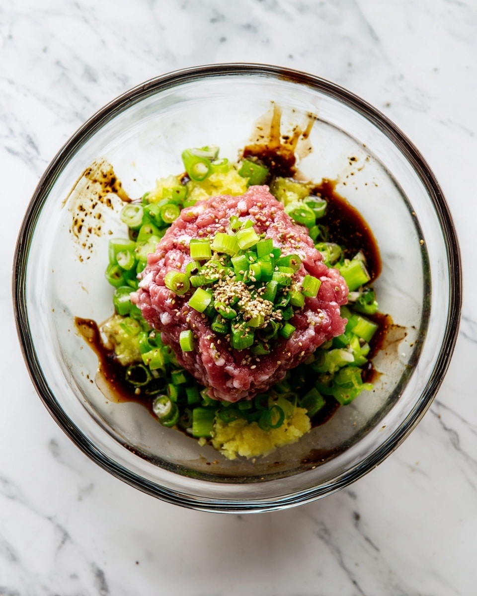 A clear glass bowl holds two thick blocks of raw pink ground meat centered on top. Around and under the meat are layers of bright green chopped scallions, yellow mashed ginger, and light beige powder sprinkled over the meat. Dark brown sauce drops and some oil are scattered on the meat and around the bowl. The bowl sits on a white marbled surface. photo taken with an iphone --ar 4:5 --v 7
