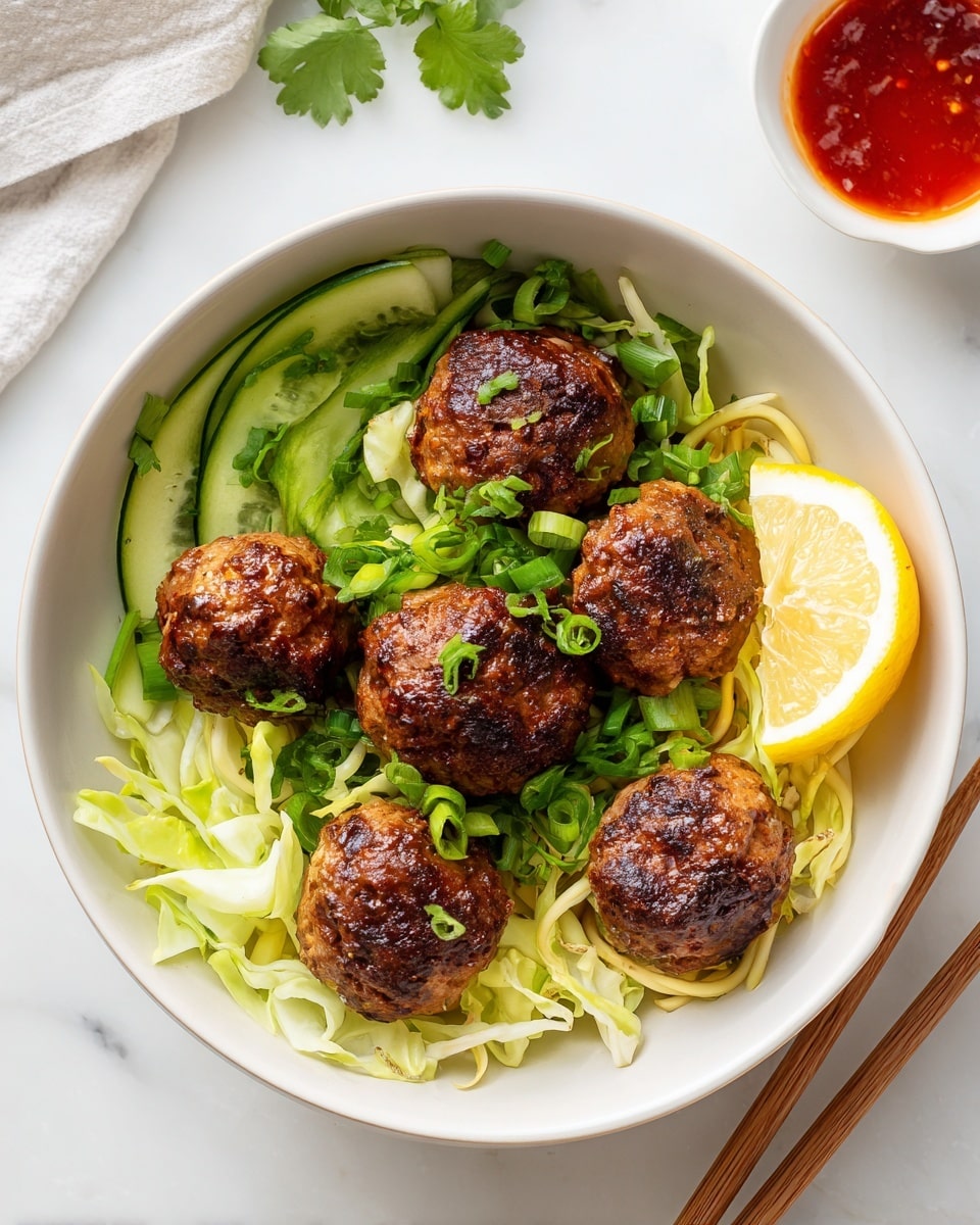 A white bowl sits on a white marbled surface, filled with five browned meatballs that have a slightly crispy texture. Below the meatballs is a layer of thinly sliced light green cabbage mixed with light yellow noodles. Thin, pale green cucumber slices are spread on the left side under the meatballs, and fresh green chopped herbs, including scallions and cilantro, are sprinkled on top. A wedge of lemon with light yellow flesh and a green rind rests on the right side of the bowl. Light brown chopsticks rest on the bowl’s edge, crossing diagonally, and a small white bowl with red sauce is partially visible in the background. Photo taken with an iphone --ar 4:5 --v 7