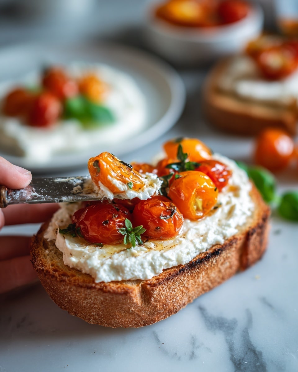A close-up image shows a woman's hand holding a small toasted slice of bread with a crispy, golden-brown crust. The slice has one main layer of creamy white cheese spread unevenly on top, with a few pieces of bright orange roasted cherry tomatoes scattered on the cheese. A knife with some cheese and tomato on it is spreading the toppings. In the blurred background, there are more roasted tomatoes and a white plate with a dollop of white cheese and green leaves on a white marbled surface. Photo taken with an iphone --ar 4:5 --v 7