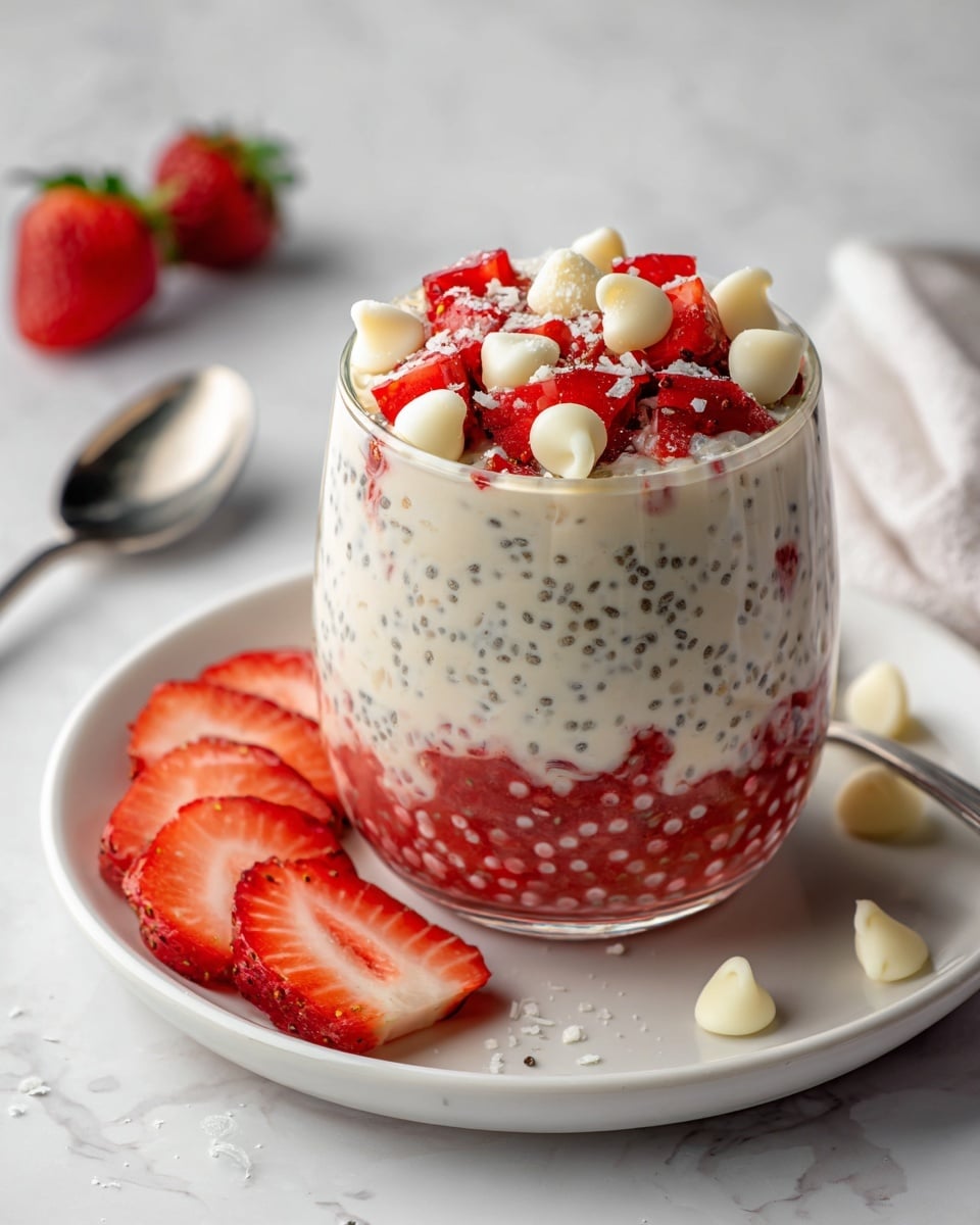 A clear glass filled with three layers of creamy white pudding mixed with small black chia seeds, topped generously with bright red diced strawberries and scattered with smooth, round white chocolate chips. The pudding layer has small strawberry pieces mixed inside, creating a dotted red and white pattern. The glass sits on a white plate placed on a white marbled surface, with sliced strawberries and white chocolate chips casually placed next to a silver spoon in the background. Photo taken with an iphone --ar 4:5 --v 7