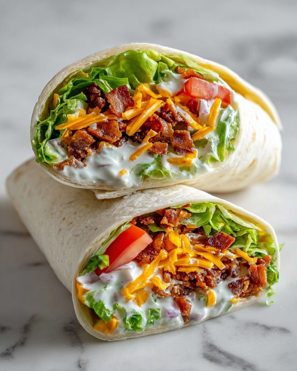 The image shows two halves of a wrap sandwich stacked on top of each other on a white marbled surface. Each wrap has a soft white tortilla shell that is slightly folded. Inside, layers are visible with green leafy lettuce, bright red tomato slices, crumbled brown crispy pieces, shredded orange cheddar cheese, and a white creamy sauce that appears to be spread throughout. The colors layer well and the texture varies from creamy, crisp, to soft, making the wrap look fresh and tasty. Photo taken with an iphone --ar 4:5 --v 7