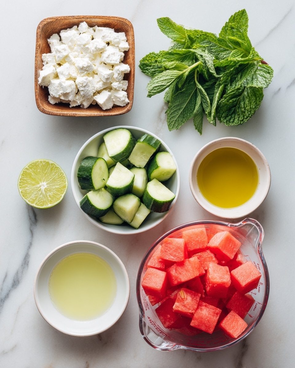 The image shows six ingredients arranged on a white marbled surface. At the top left is a small square wooden bowl filled with crumbled white feta cheese. To the right of it is a small bunch of fresh green mint leaves. Below the feta is a white bowl filled with cut pieces of English cucumber, showing green skin and pale inside. Next to it on the right is a small white bowl with golden extra virgin olive oil. Below the cucumber is a small white bowl with pale yellow lime juice, accompanied by one sliced lime half showing its green rind and juicy inside. Finally, to the bottom right is a clear glass measuring cup filled with bright red watermelon cubes. photo taken with an iphone --ar 4:5 --v 7