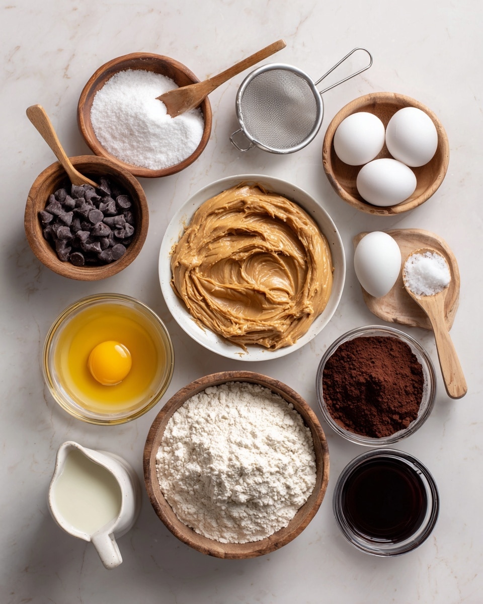 The image shows various ingredients arranged on a white marbled surface. There are ten items: a wooden bowl with white sugar and a wooden spoon, a wooden bowl with powdered sugar and a small metal sifter on top, a white bowl with tan creamy peanut butter swirled inside, a clear glass bowl filled with small dark chocolate chips, a white measuring cup holding melted yellow butter, a white bowl holding four white eggs, a small clear jug with heavy cream, a wooden spoon with salt, a wooden bowl filled with white flour and a metal scoop, a clear glass bowl with dark brown cocoa powder, and a glass cup with dark liquid along with vanilla extract text. The image is bright with soft natural lighting. photo taken with an iphone --ar 4:5 --v 7