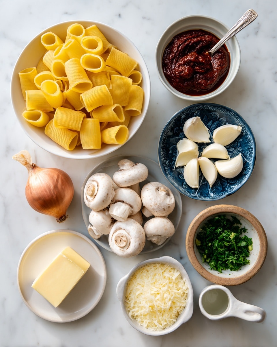 The image shows multiple small white bowls and dishes arranged on a white marbled surface. In the top left, there is a white bowl filled with large, tube-shaped yellow pasta pieces. To the right, a small white bowl holds thick dark red gochujang paste with a silver spoon. Below it, a white creamer filled with cream is placed. Next to the cream, a blue decorative bowl contains peeled garlic cloves. Under the garlic bowl, a small brown dish has chopped green parsley. Below that, a white bowl holds fresh white button mushrooms with light brown spots. To the left of the mushrooms, a white cup contains grated pale yellow parmesan cheese. Above it, a small white plate has a pale yellow square of butter. On the left side, a whole shallot with reddish-purple skin lies near the butter. Each item is clearly separated with no overlap, all set neatly on the white marbled surface photo taken with an iphone --ar 4:5 --v 7