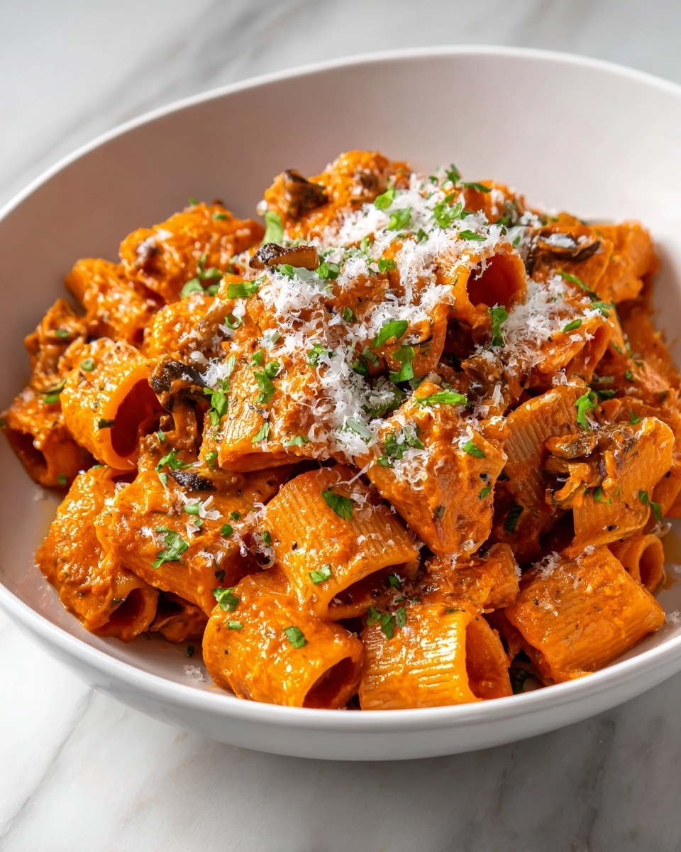 The image shows a bowl of tubular pasta with an orange-red sauce, topped with small bits of mushroom and sprinkled with finely grated white cheese. Bright green chopped herbs are scattered over the pasta, adding color contrast. The pasta pieces are layered unevenly in a white bowl, placed on a white marbled surface. The texture of the sauce is smooth, coating the pasta evenly while some cheese rests lightly on top. photo taken with an iphone --ar 4:5 --v 7