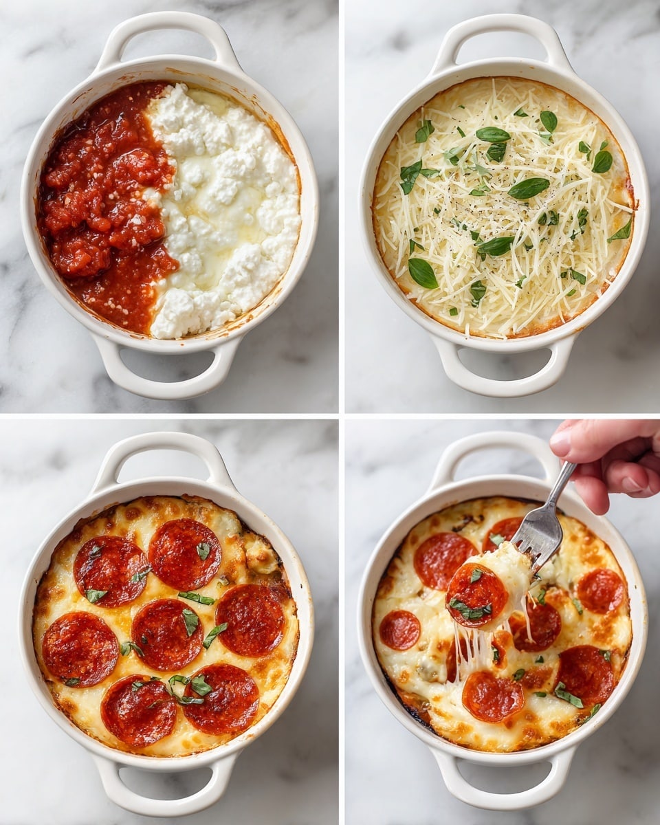 The image shows six steps to make a small pizza dish in a white bowl with handles, placed on a white marbled surface. The first layer in the glass bowl has chunky red tomato sauce on one side, creamy white cottage cheese on the other, and dry green herbs in the middle. The second layer is the mixed orange-tinted creamy sauce inside the white bowl. The third layer adds shredded white cheese spread evenly on top of the sauce. The fourth layer places six round red pepperoni slices evenly over the cheese. The fifth step shows the pizza baked with the cheese melted and slightly browned and pepperoni cooked, garnished with small green fresh basil leaves. The last step features a woman's hand holding a spoon lifting melted stringy white cheese with a round pepperoni slice from the bowl. Photo taken with an iphone --ar 4:5 --v 7