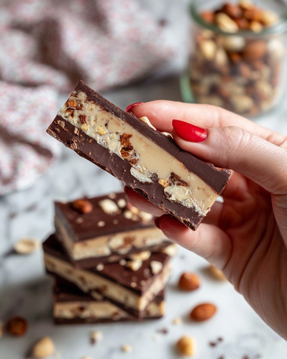 A woman's hand with red painted nails holds a piece of chocolate bark close to the camera. The bark has three visible layers: a dark brown bottom layer with a rough texture, a middle light tan creamy layer with nut pieces, and a top thick milk chocolate layer with small bits of nuts embedded. In the background, more broken pieces of the same chocolate bark are stacked on a white marbled surface, along with a glass jar filled with nuts and a soft patterned cloth. photo taken with an iphone --ar 4:5 --v 7