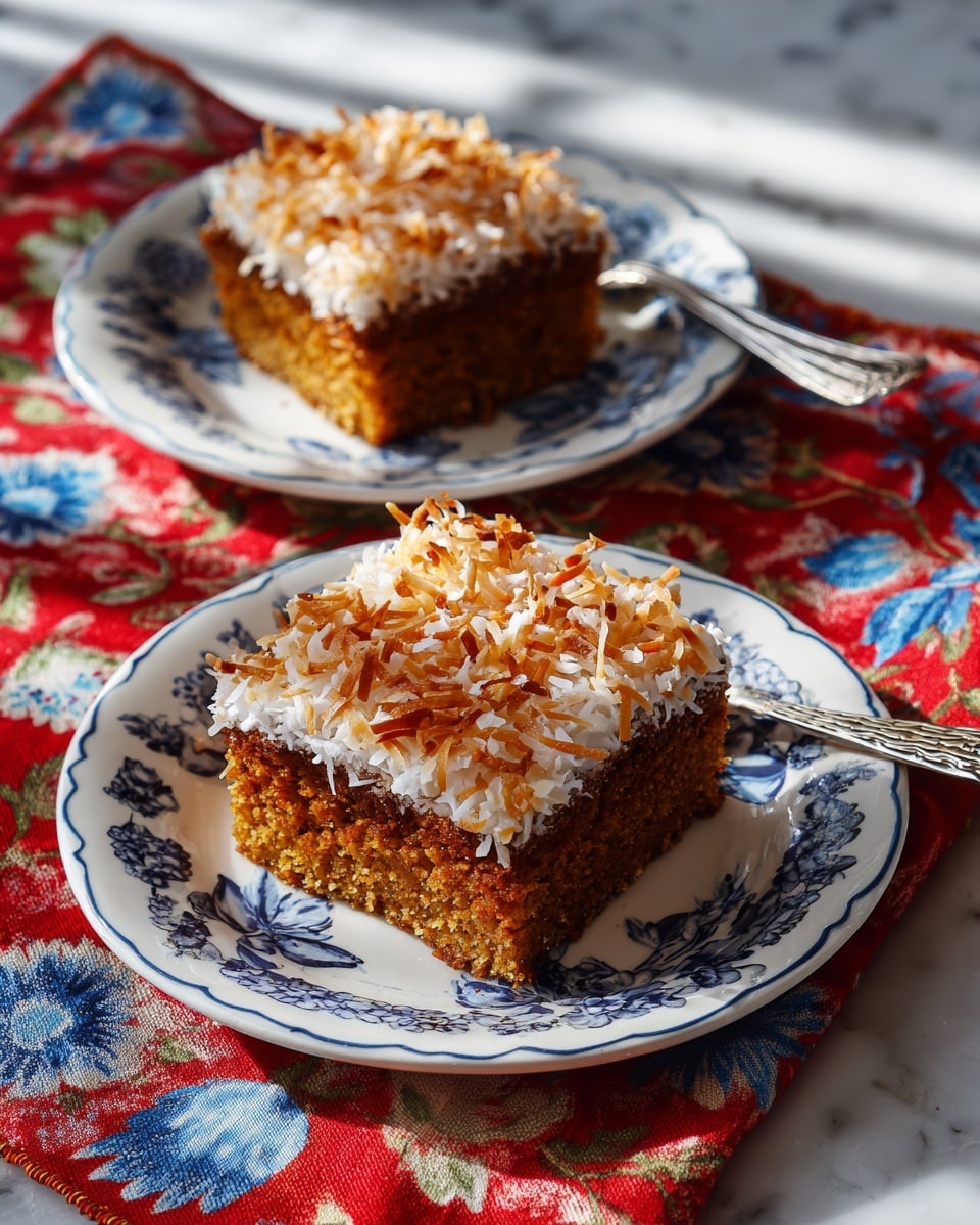The image shows two square pieces of a brown cake with a toasted coconut topping, placed on white plates with blue floral patterns. Each piece has two distinct layers: a dense, moist brown base layer and a golden-brown shredded coconut layer on top. The shredded coconut on the top is crisp and slightly browned, adding texture with soft white coconut strands mixed in. A silver fork lies beside each cake piece on the plates, which rest on a red floral cloth with blue and beige flowers. The background is a white marbled surface with natural light coming from the right side, highlighting the textures and colors of the cake. photo taken with an iphone --ar 4:5 --v 7