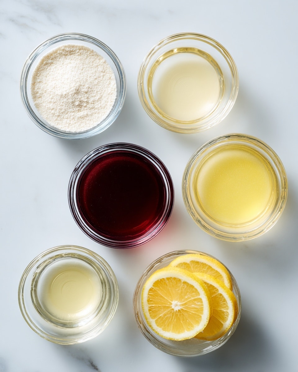 The image shows six small clear glass bowls arranged on a white marbled surface. The top left bowl contains white powder, the top right bowl holds a pale yellow liquid, the middle left bowl is filled with a deep red liquid, the middle right bowl has a light yellow liquid, the bottom left bowl appears empty or has a small amount of clear liquid, and the bottom right bowl has thin slices of bright yellow lemon. Each bowl's smooth texture is visible and the colors stand out against the clean white marbled texture photo taken with an iphone --ar 4:5 --v 7