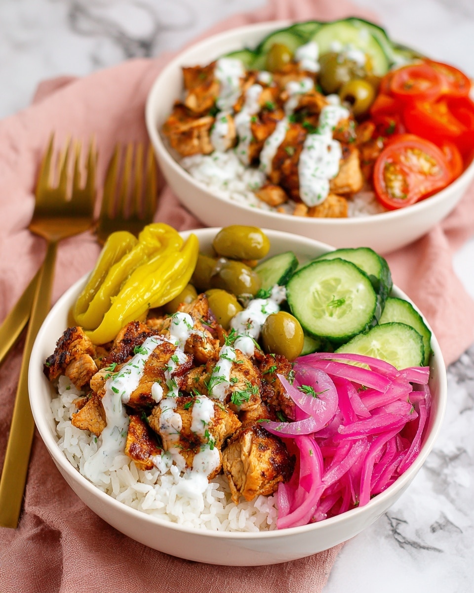 Two white bowls sit on a white marbled surface with pink cloth beneath, each filled with layers. At the bottom is a bed of white rice, topped with grilled, browned pieces of chicken with a slightly crispy texture. Next to the chicken are bright green olives and pickled pink onions. On the side, there are fresh cucumber slices and halved red cherry tomatoes. The chicken is drizzled with a creamy white sauce sprinkled with herbs. Two yellow pepperoncini peppers rest on top of the rice in the foreground bowl. To the left, four gold forks rest on the pink cloth. photo taken with an iphone --ar 4:5 --v 7