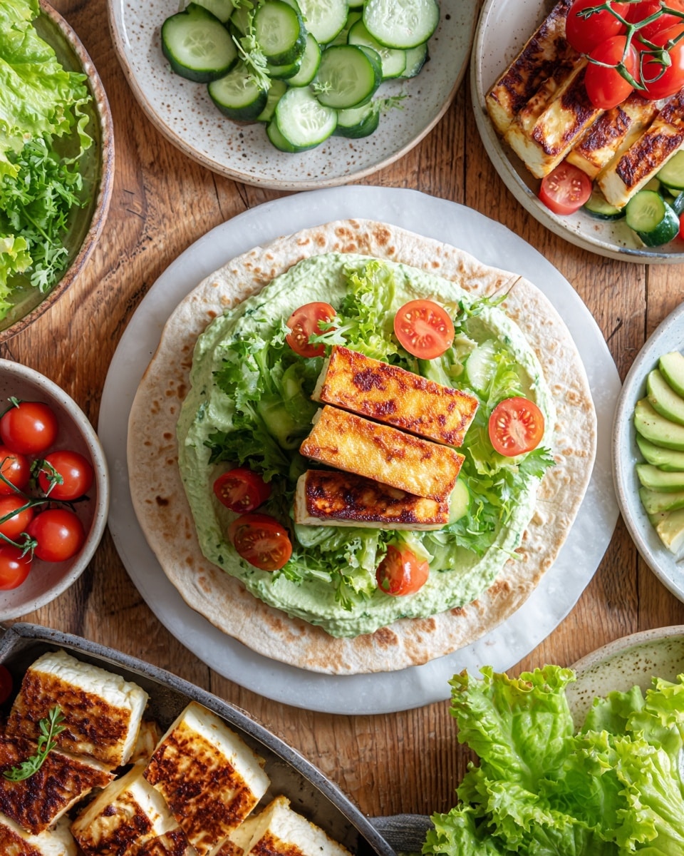 The image shows an open wrap on a white marbled surface, with four main layers: a light brown flatbread as the base, a thick spread of green creamy sauce covering most of the flatbread, a layer of green lettuce leaves placed in the center, followed by slices of cucumber and red cherry tomato halves scattered on top, and four golden-brown grilled cheese pieces stacked in the middle; around the wrap, there are plates with fresh cucumber slices, cherry tomatoes, avocado slices, a pan with more grilled cheese pieces, and fresh green lettuce leaves on the side, all arranged on a wooden surface. photo taken with an iphone --ar 4:5 --v 7