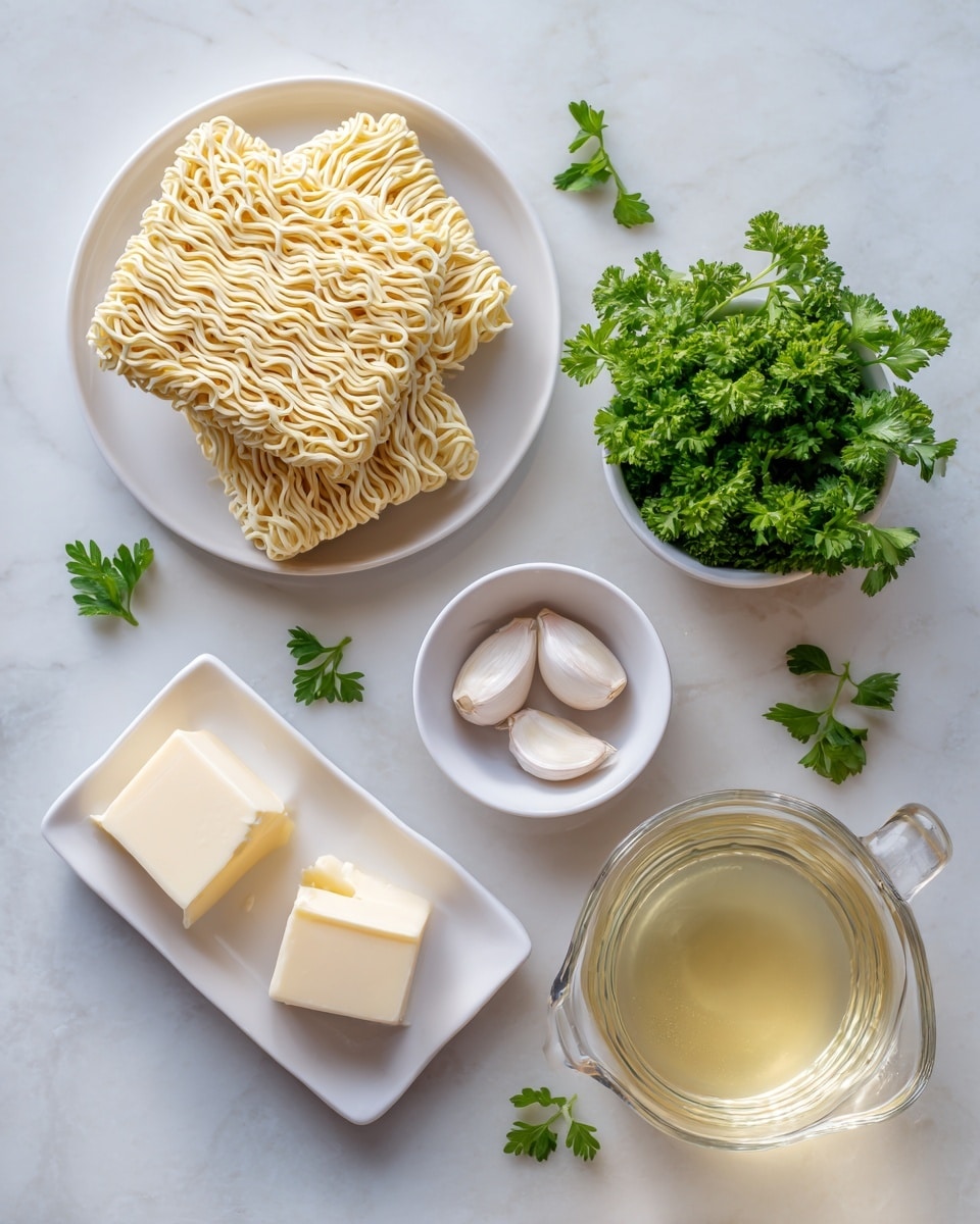The image shows the ingredients for a ramen dish arranged neatly on a white marbled surface. On the left, two square blocks of light yellow dry ramen noodles sit stacked on a white plate. At the top right, a small white bowl holds bright green fresh parsley leaves. Below the parsley, a small white dish contains several pale, unpeeled garlic cloves. To the left of the garlic, a small white bowl has two thick slices of pale yellow butter. On the far right, there is a clear glass measuring cup filled with light yellow stock. The items are spread out with some small parsley leaves scattered around the surface. Photo taken with an iphone --ar 4:5 --v 7