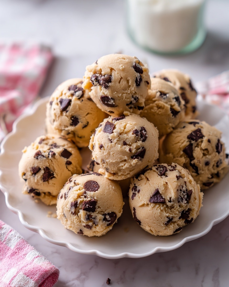 The image shows nine round scoops of a light beige cookie dough with visible dark chocolate chips mixed throughout and on top. The scoops have a soft, slightly crumbly texture and are arranged closely together on a white scalloped plate. The plate sits on a white marbled table with a pink and white checkered cloth partially under it. A glass jar with white contents is seen in the background. A woman's hand is reaching toward the plate from the left side. Photo taken with an iphone --ar 4:5 --v 7