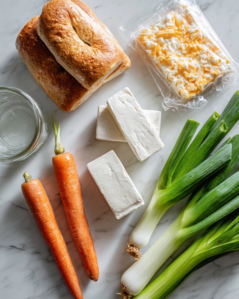 The image shows a white marbled surface with fresh ingredients arranged neatly. There are two orange carrots with some texture, green celery stalks, and several long green onions with white bulbs at the bottom right. Two blocks of Philadelphia cream cheese  lie to the bottom left. Near the center-left, there is a clear empty glass mason jar, and behind it, a package of jalapeño cheddar bagels in clear plastic wrap. In the top right, two cheddar bagels with a golden, slightly crispy texture are stacked. The scene is bright and clean, with natural colors and soft light. photo taken with an iphone --ar 4:5 --v 7