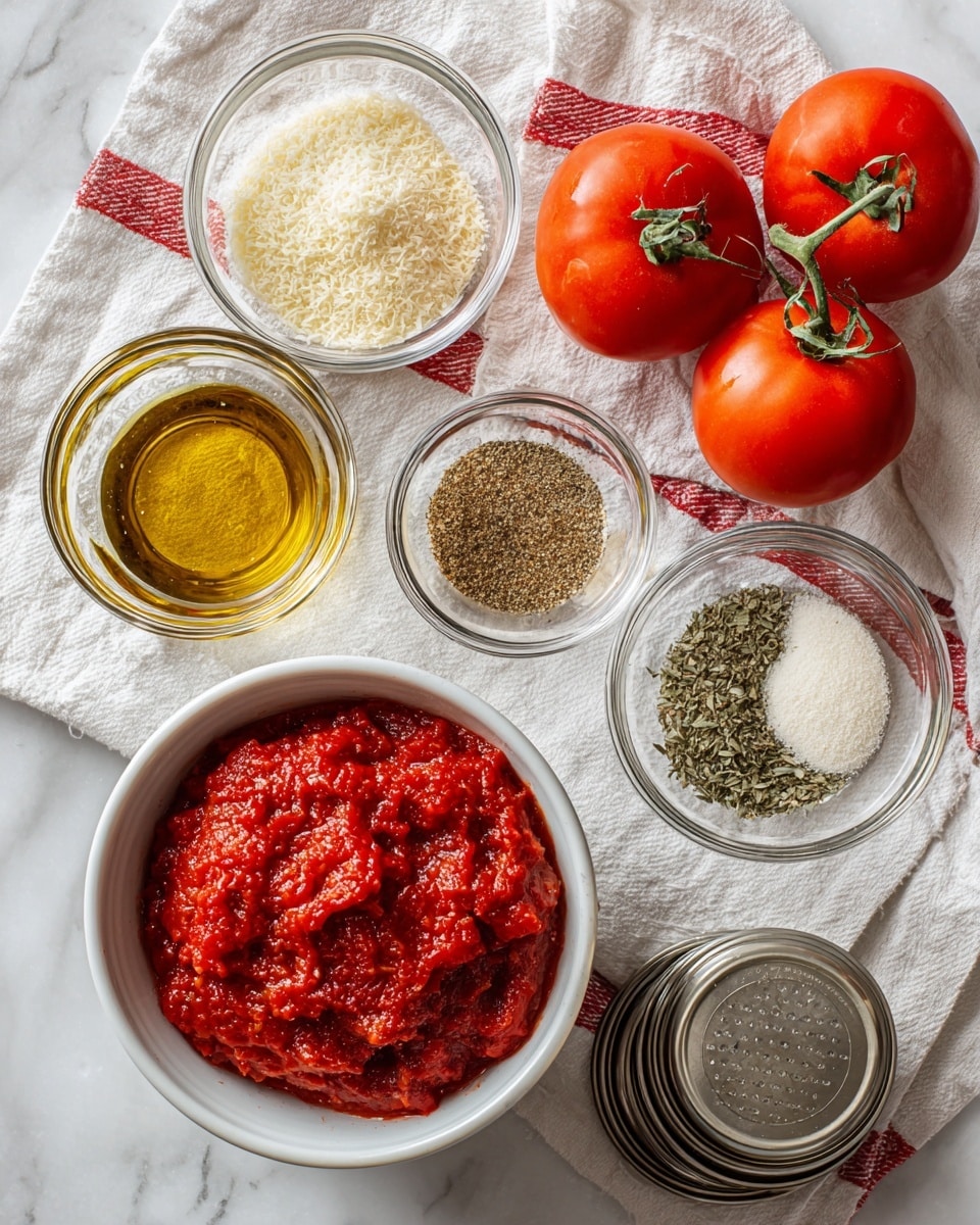 A top view of ingredients on a white marbled surface includes a white bowl at the bottom filled with deep red crushed tomatoes, surrounded by small clear glass bowls: one with finely grated pale yellow parmesan, one with light brown pepper, one with golden olive oil, one with light green dried basil, and one with finely minced light beige garlic. To the upper right, three bright red fresh whole tomatoes rest on a white cloth with a red stripe, and three metal can lids are stacked near the center. photo taken with an iphone --ar 4:5 --v 7