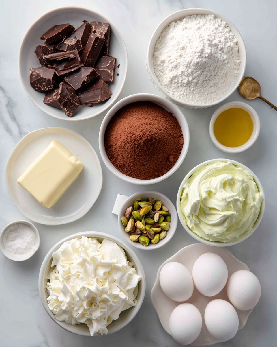The image shows many baking ingredients placed on a white marbled surface. Starting from the left side, there is a white bowl with dark chopped chocolate pieces, below it a small white plate with a block of butter, and above the butter is a white bowl filled with white flour. In the center, a white bowl holds smooth cocoa powder, next to it is a white bowl with a golden liquid, possibly oil. Above the cocoa is a white bowl with creamy light green paste, and next to it a white bowl with whipped cream topped with small white curls and a tag. On the right side, there is a white bowl filled with shredded pale yellow cheese or similar, next to it three white eggs sitting in a row on a white dish, a cracked eggshell nearby, and a small white bowl containing chopped green pistachios. There is also a small white container with a small amount of white cream or milk and a small golden spoon nearby. photo taken with an iphone --ar 4:5 --v 7
