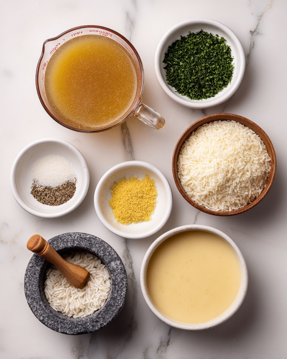 The image shows seven ingredients on a white marbled surface, each in its own container. On the top left is a clear glass measuring cup filled with a golden brown liquid labeled chicken broth. To its right is a small white bowl filled with finely chopped bright green parsley. Below the broth is a small white bowl with a yellow powder labeled chicken bouillon. Next to it is a small dark gray stone mortar filled with ground black pepper and a tiny wooden scoop. To the bottom left is a white bowl full of uncooked white rice. To the right of the rice is a small brown wooden bowl filled with pale yellow, finely grated parmesan cheese. At the bottom right is a clear bowl with smooth, creamy light yellow chicken soup. All items are labeled with bold white text and outlined in black. Photo taken with an iphone --ar 4:5 --v 7