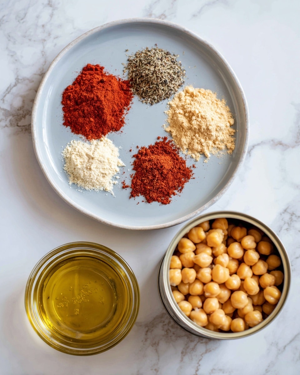 The image shows a white plate with four small piles of spices arranged in a circle: bright red paprika, pale beige onion powder, off-white garlic powder, and black pepper, all labeled with white text on a dark blue background. To the right, there is a shiny open can filled with yellowish-brown chickpeas, also labeled. Below the can, a small clear glass bowl holds light golden olive oil with a similar label. The items are placed on a white marbled surface photo taken with an iphone --ar 4:5 --v 7