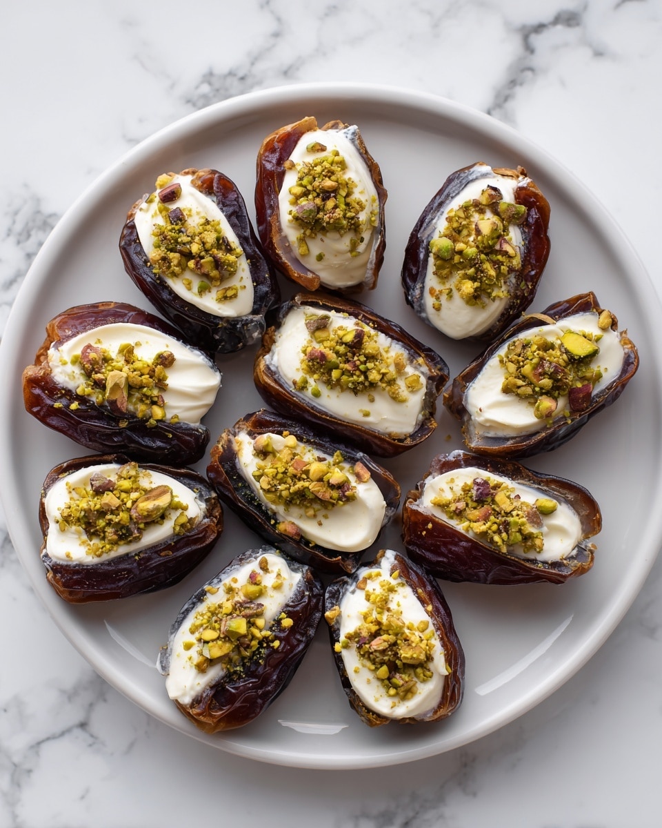 The image shows a white plate with ten dark brown dates arranged in a circle. Each date is sliced open and filled with a thick layer of white cream, topped with small, crushed green pistachio nuts. The dates have a shiny, slightly wrinkled texture and the cream is smooth, sitting nicely in the middle of each date. The crushed pistachios add a rough texture and a pop of green color against the dark and white layers. The plate rests on a white marbled surface. Photo taken with an iphone --ar 4:5 --v 7