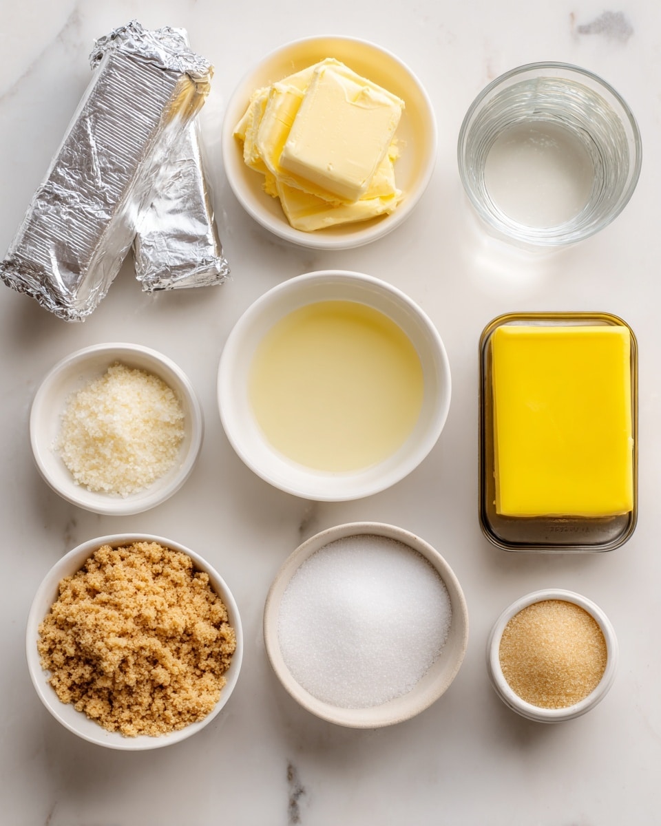 A flat lay shows ingredients for a dessert on a white marbled surface. There are two blocks of cream cheese wrapped in silver foil, a small clear white bowl filled with bright yellow butter, a small white bowl with finely crushed golden brown graham crackers, and another white bowl with fine white granulated sugar. In the middle, there is a small white bowl holding pale yellow lemon juice and a clear glass with water. To the right, there is a silver can of evaporated milk with a red and white label and a bright yellow box of lemon Jell-O mix. All items are neatly arranged and labeled with black text. Photo taken with an iphone --ar 4:5 --v 7