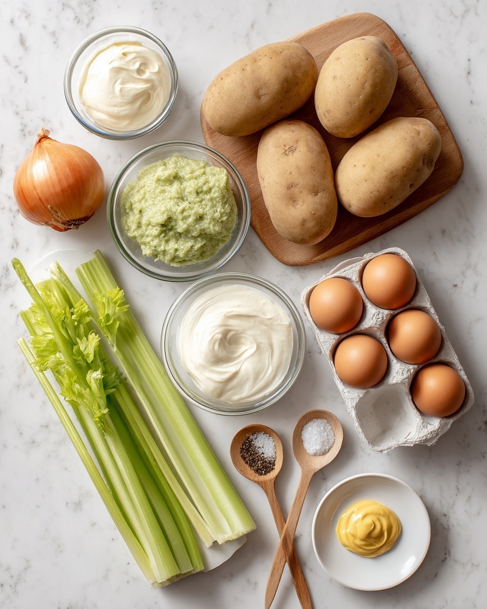 The image shows several cooking ingredients arranged neatly on a white marbled surface. On the right side, five large brown potatoes rest on a wooden board. Below them, four brown eggs sit in a white egg tray. In the center, a clear glass bowl holds green sweet relish, and next to it, another clear glass bowl contains white mayonnaise. To the left of these, three fresh green celery stalks lay parallel to each other. Above the celery, an orange sweet onion is placed directly on the surface. Two small wooden spoons containing salt and pepper are next to the onion. In the lower right corner, a small white plate holds a dollop of yellow mustard. All items are clean and well-lit, with clear labels next to each ingredient. Photo taken with an iphone --ar 4:5 --v 7