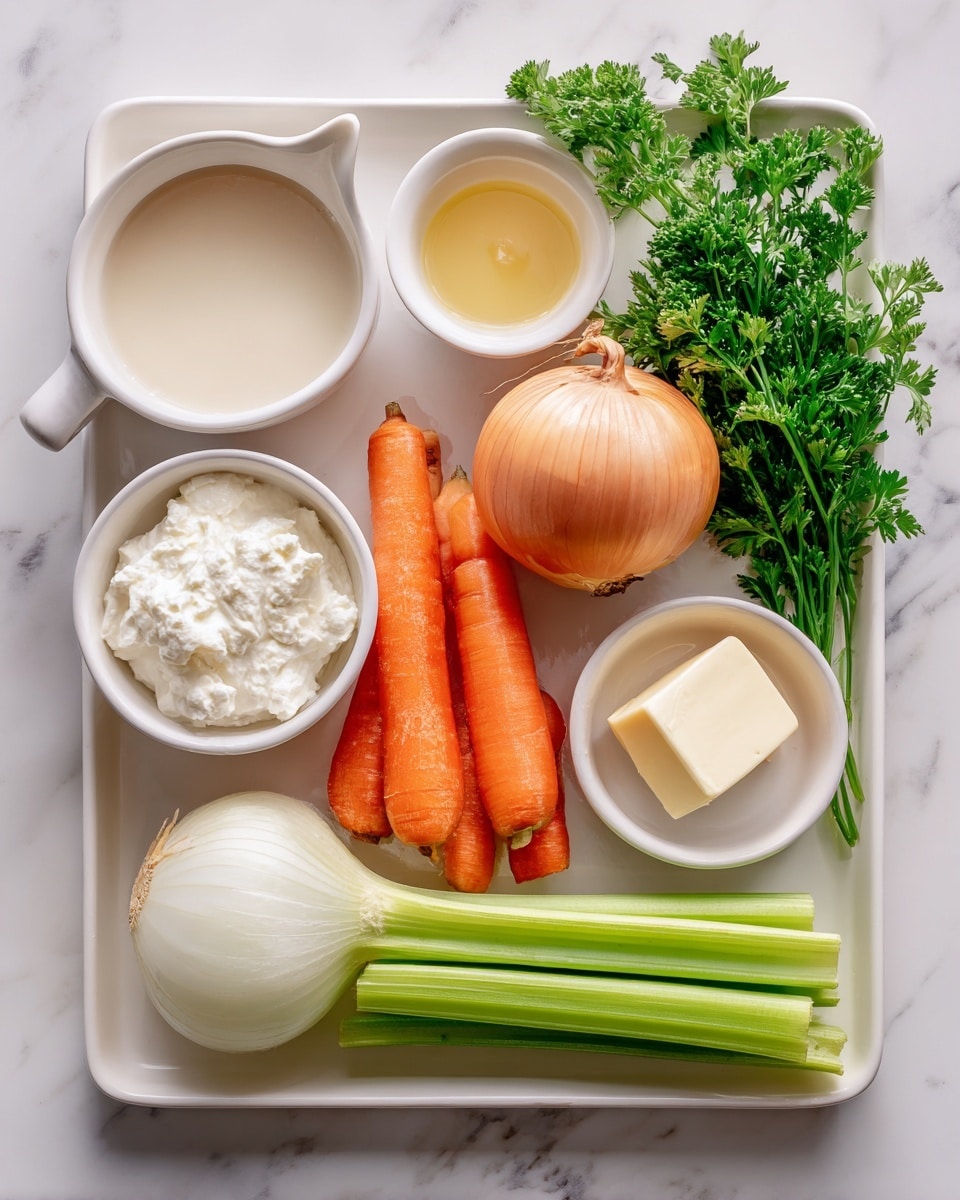 A white tray on a white marbled surface holds several fresh ingredients arranged neatly inside small white bowls and directly on the tray. There is a small bowl of white cream, a small bowl of light yellow liquid, a small bowl of white powder, a stick of butter, two celery stalks laid horizontally, two whole bright orange carrots, a round light brown onion, and a bunch of fresh green parsley, all organized to show their colors and textures clearly. Photo taken with an iphone --ar 4:5 --v 7