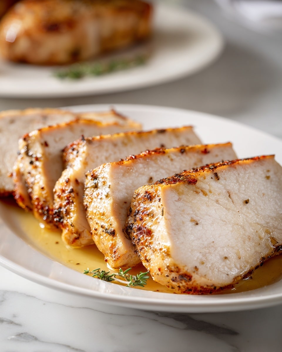 The image shows five slices of cooked white meat arranged in a slightly fanned-out line on a white plate, each slice having a light golden crust with visible seasoning on top and some juice around them; in the blurred background, there is a white plate holding two whole pieces of the same cooked meat on a white marbled surface. Photo taken with an iphone --ar 4:5 --v 7