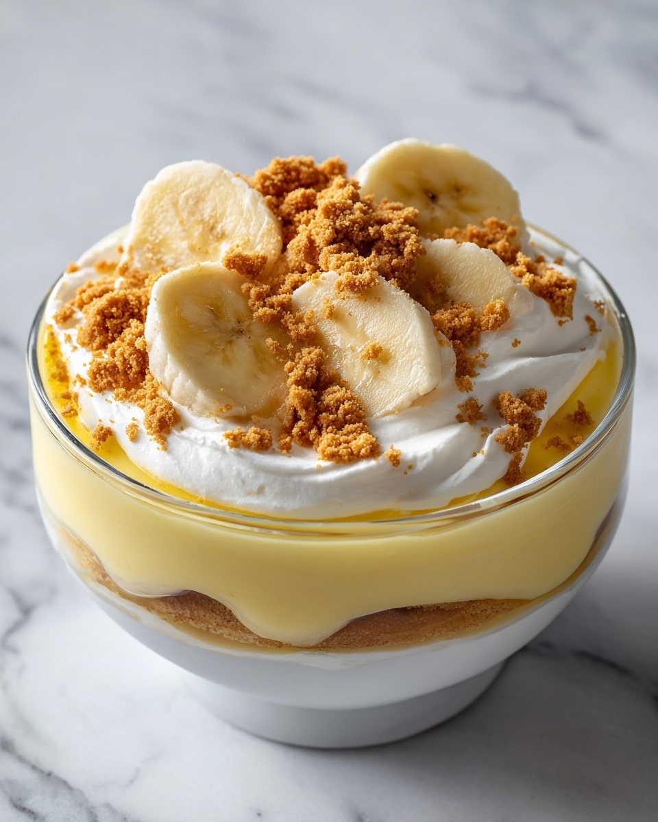 A short stack of three thick slices of golden banana pudding rests in a round white bowl, with a creamy, light yellow pudding layer at the bottom. On top of the pudding layer, there are two curved slices of bright yellow banana, slightly glossy and fresh. Above the bananas, a thick, fluffy layer of white Cool Whip cream spreads evenly, textured with soft peaks. Light brown crumbled Biscoff cookies are scattered loosely on the surface of the cream, adding a rough texture and a warm color contrast. The bowl sits on a white marbled surface. Photo taken with an iphone --ar 4:5 --v 7