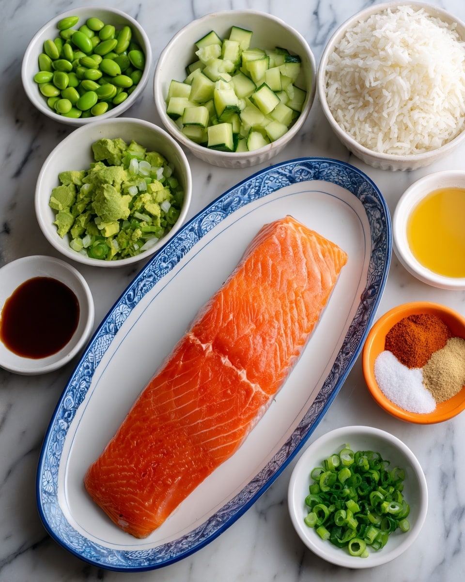 The image shows a fresh salmon fillet placed in the center of a white oval plate with a blue rim. Surrounding the plate are small white bowls and ramekins filled with various ingredients: a bowl of cooked white rice in the top right, diced green cucumbers in a white bowl on the top left, bright green edamame beans in a white ramekin at the bottom left, chopped avocado pieces in a white ramekin at the bottom right, and finely chopped green onions in a white bowl on the right side. Additionally, there are small white and green dishes with different sauces, one dark brown, one amber, and one light yellow, along with an orange bowl holding two types of powder spices, one white and one brown. All items rest on a white marbled surface. photo taken with an iphone --ar 4:5 --v 7