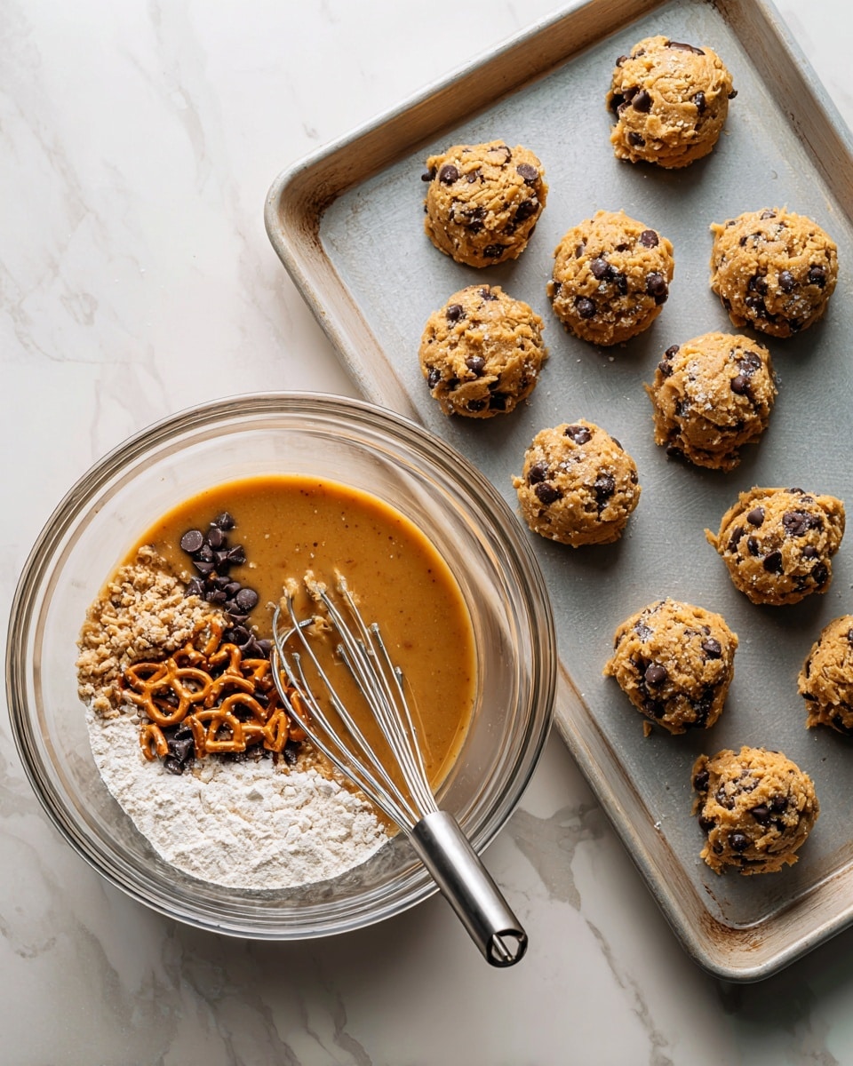 The first image shows a clear glass bowl with four layers inside it: a bottom light brown wet batter layer, a white flour layer on the right, dark brown chocolate chunks on the top left, and light brown small pretzel pieces below the chocolate chunks. A metal whisk with a long handle is resting inside the bowl, leaning on the flour. The second image displays fifteen evenly spaced scoops of cookie dough, each round and textured, filled with visible chunks of dark chocolate and bits of pretzel, arranged neatly on a metal baking sheet with some wear marks. The background in both images is a white marbled surface. Photo taken with an iphone --ar 4:5 --v 7