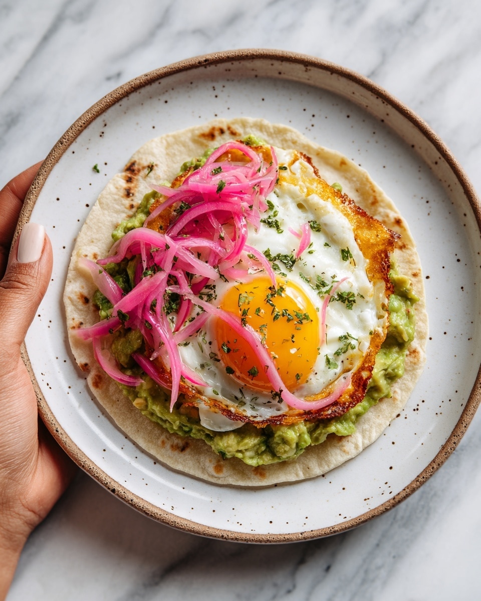 A soft white tortilla held by a woman's hand is filled with a layer of chunky green avocado spread pressed against the tortilla, topped by a layer of a crispy-edged fried egg with a golden runny yolk in the center, sprinkled with herbs. On top of the egg are scattered thin, curved slices of pink pickled onions, adding a bright contrast. The tortilla is placed on a white plate with a speckled rim, sitting on a white marbled surface. photo taken with an iphone --ar 4:5 --v 7