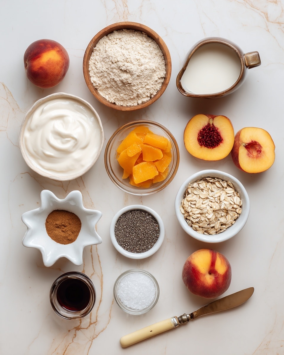 The image shows a collection of ingredients arranged on a white marbled surface for making a healthy dish. From top to bottom, there is a wooden bowl filled with light beige vanilla protein powder next to a glass bowl of bright orange canned peach pieces. Below them is a small wooden pitcher of light cream-colored milk and a white flower-shaped bowl filled with dry, light brown oats in the center. To the left, a white bowl holds thick, creamy Greek yogurt, while to the right a small wooden bowl has a mix of brown cinnamon and white salt. Below that, a white bowl contains tiny black chia seeds, and next to it is a small clear glass container with dark brown vanilla extract. A peach cut in half sits near a knife with a light yellow handle on the right side, and whole peaches are spread around the setup. The photo was taken with an iphone --ar 4:5 --v 7