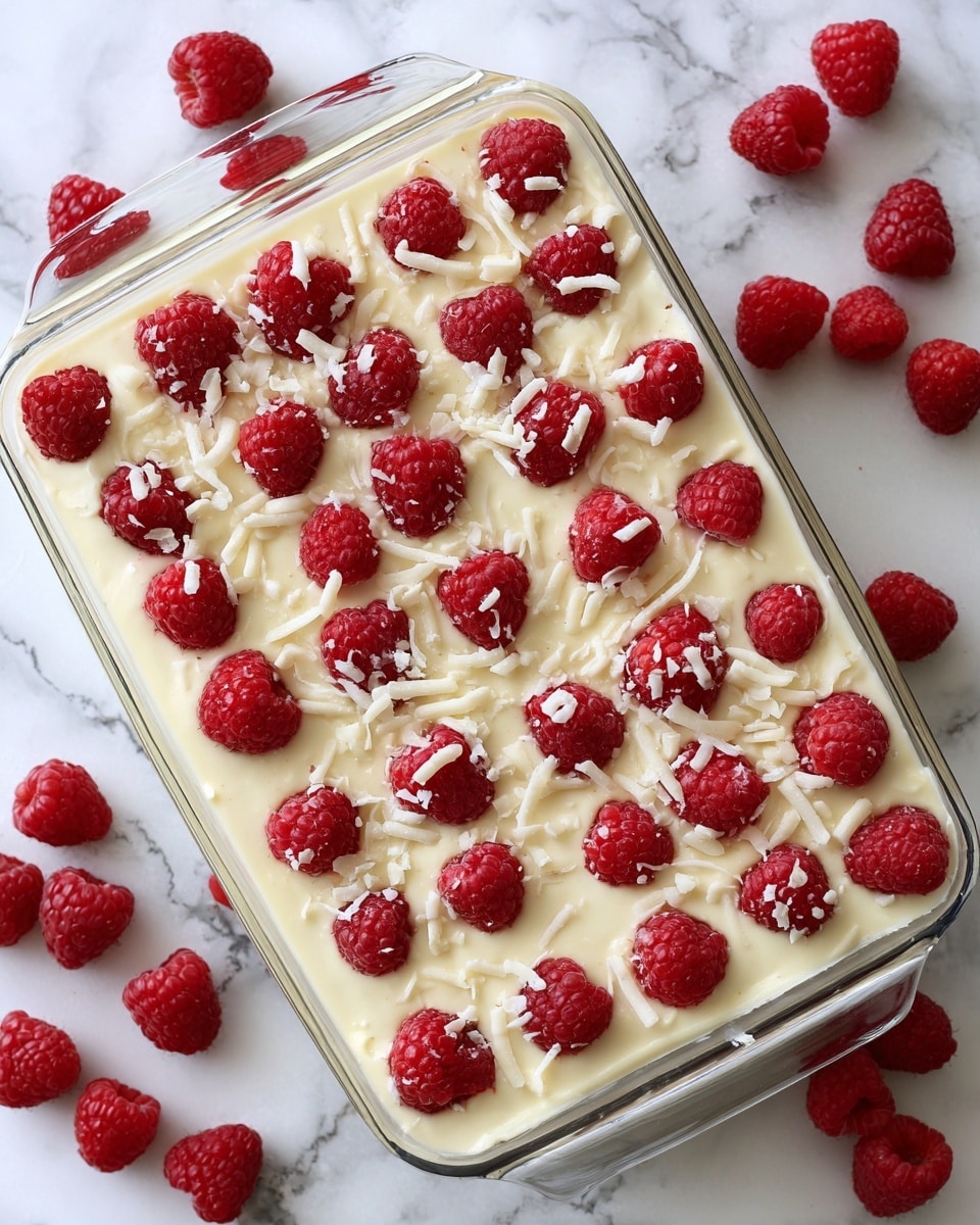 A large rectangular glass dish is filled with a dessert that has one thick creamy white layer as the base, covered evenly with a neat grid of bright red raspberries placed whole and upright in rows, and sprinkled lightly with fine white shavings resembling white chocolate on top. The dish is set on a white marbled surface with some raspberries scattered around. Photo taken with an iphone --ar 4:5 --v 7