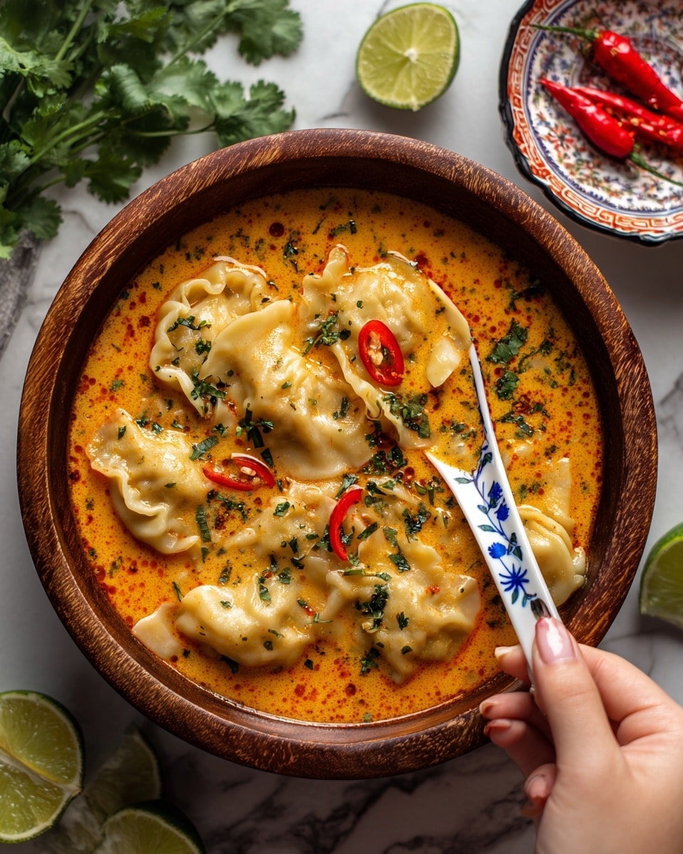 A wooden bowl holds a creamy orange broth with visible herbs and red chili slices floating on top. Inside, there are soft, folded dumplings with ruffled edges coated in the broth. A wedge of lime rests against the side of the bowl. A white ceramic spoon with blue floral patterns lifts one dumpling from the bowl, held by a woman's hand. The background has a small patterned dish partially visible, and fresh chili peppers and lime wedges are placed on a white marbled surface around the bowl. The scene includes some green cilantro leaves for garnish. photo taken with an iphone --ar 4:5 --v 7