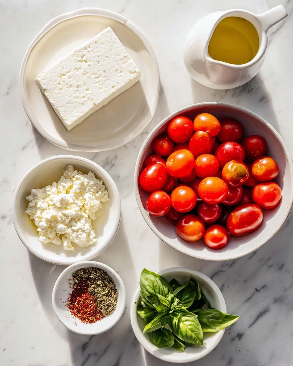 The image shows several small white bowls and plates arranged on a white marbled surface. There is one large white bowl filled with shiny red and orange cherry tomatoes. To the left, a white plate holds a block of crumbly white feta cheese. Below the plate, two small white dishes contain creamy, pale cream cheese and finely chopped minced garlic with a slightly glossy texture. Another small white bowl holds fresh green basil leaves with clear veins. At the bottom, a white dish has mixed dry seasonings in red, brown, and green tones, next to a white pitcher filled with golden olive oil. The whole arrangement looks clean and fresh, with natural light. photo taken with an iphone --ar 4:5 --v 7