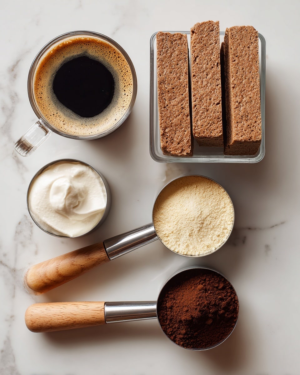 The image shows several ingredients laid out on a white marbled surface. There is a glass cup with black coffee on the left side, with a dark brown liquid and some light foam on top. To the right of the coffee is a clear glass container holding three rectangular blocks of brown Weetbix stacked side by side. Below the glass container are three metal measuring cups with wooden handles aligned horizontally. The top measuring cup contains thick white yogurt with a smooth, creamy texture. The middle measuring cup holds a fine, pale yellow vanilla protein powder. The bottom measuring cup is filled with a dark brown cocoa powder that appears soft and powdery. photo taken with an iphone --ar 4:5 --v 7