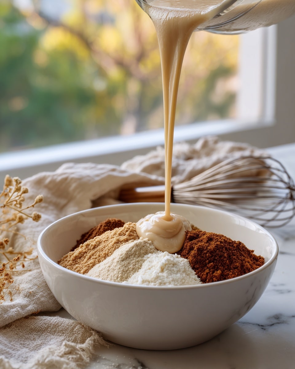 A white bowl sits on a white marbled surface, filled with several dry ingredients including light brown, dark brown, and white powders arranged in separate small piles. A thick, creamy beige liquid is being poured into the bowl from above, creating a splash over the powders. In the background, there is a soft textured cloth and a whisk, with a window showing green trees outside. The scene has a natural light coming in, making the colors soft and warm. photo taken with an iphone --ar 4:5 --v 7