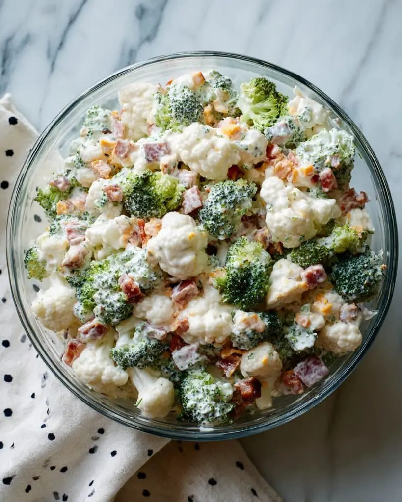 Broccoli Cauliflower Salad with Ranch, Bacon, and Cheese Recipe