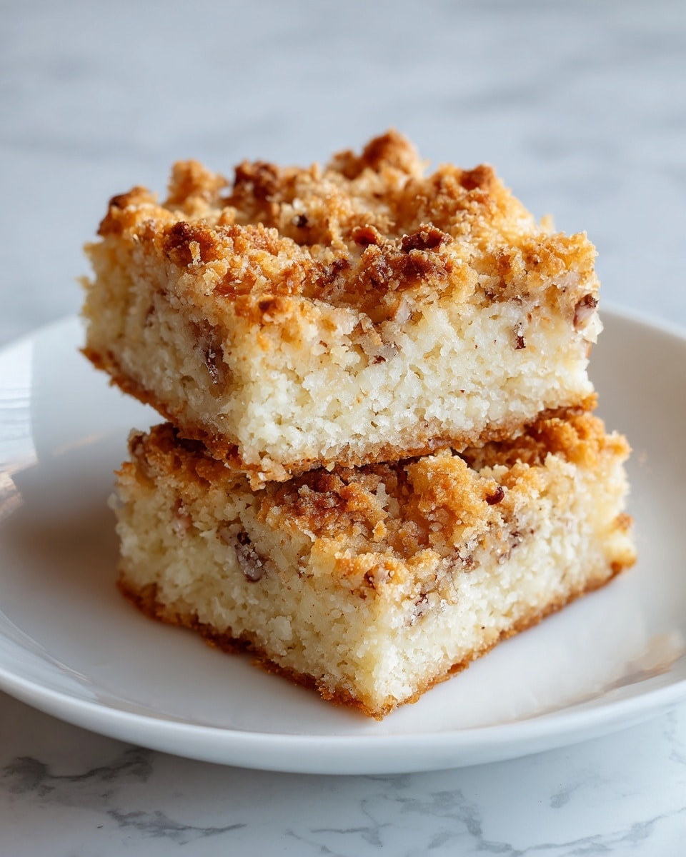 The image shows a close-up of a single square piece of a baked dish on a white plate. The dish has two main layers: the top layer is a golden brown, crispy, and slightly textured crust with small bits visible on the surface, while the bottom layer is a lighter, softer base with a slightly dense and moist texture with small pieces inside. The white plate sits on a white marbled surface. photo taken with an iphone --ar 4:5 --v 7