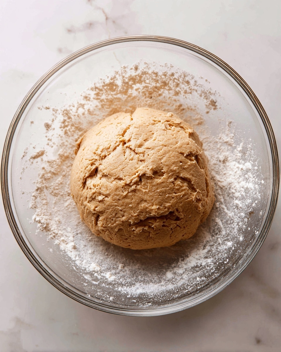 A round ball of light brown dough with a slightly cracked and rough texture sits in the middle of a clear glass bowl that has some white flour dusted on its sides. The bowl is placed on a white marbled surface, which contrasts with the smooth and warm wooden background faintly visible through the glass. The dough looks soft but firm as if it is ready to be shaped or rolled. photo taken with an iphone --ar 4:5 --v 7