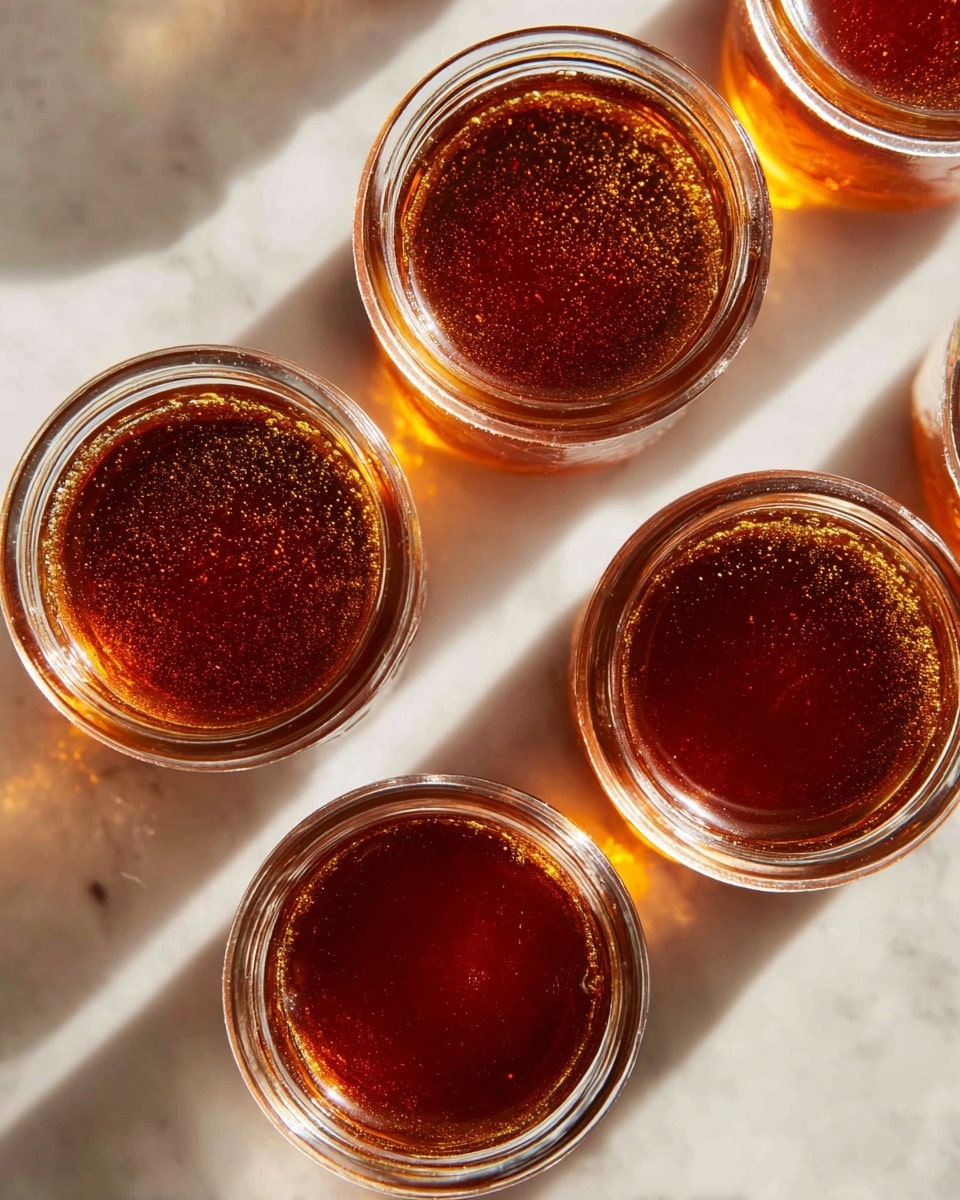 Six small clear glass jars are arranged on a white marbled surface, each filled with a dark amber liquid that has a slightly shiny, textured top layer. The light reflects softly on the smooth glass rims, adding a subtle glow. The jars are viewed from above, showing their round openings and the rich color inside. The shadows cast beneath each jar are faint and soft. photo taken with an iphone --ar 4:5 --v 7