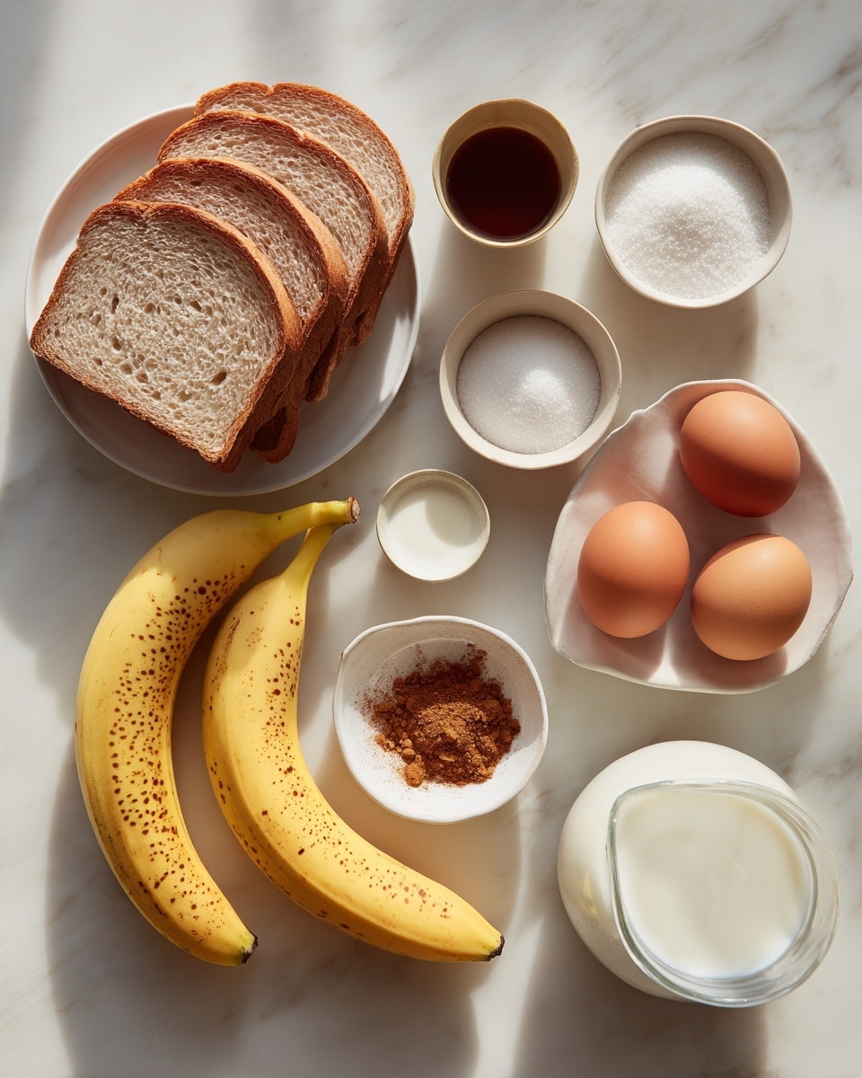 The image shows food ingredients arranged neatly on a white marbled surface. On the left side, there are five slices of light brown bread stacked slightly over each other on top, with two yellow bananas with brown spots lying next to them at the bottom. On the right side, small dishes hold various ingredients: a brown small cup with dark vanilla liquid at the top, a white bowl with white sugar next to it, a white bowl with empty space labeled coconut oil below, and a small plate with a nutmeg and a pile of brown spice powder in the middle. Below this are a clear glass jug with white milk and a white egg tray holding five brown eggs. t. The lighting is natural and soft. photo taken with an iphone --ar 4:5 --v 7