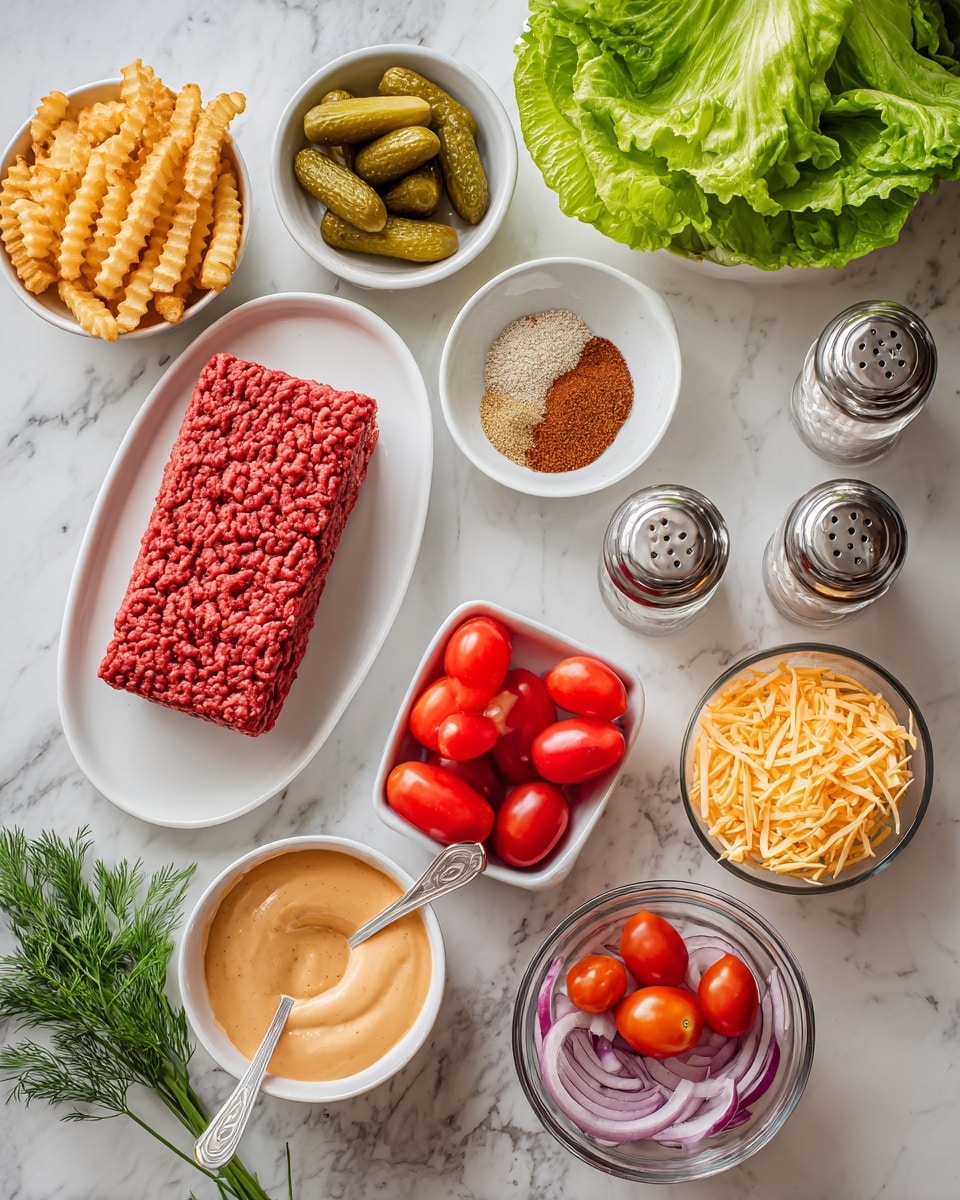 A top-down view of various ingredients arranged on a white marbled surface, each in white bowls or plates. One white oval plate holds a rectangular block of red ground beef with a textured surface. A round white bowl filled with light golden crinkle fries is placed nearby. A small white bowl contains sliced green dill pickles. Another small white bowl has a mix of brown and beige spices labeled as steak spice, garlic powder, and onion powder. A square white bowl is filled with shiny red and orange cherry tomatoes. A small clear glass holds thin purple and white onion strips. A round clear bowl contains shredded orange cheese with a soft texture. A white bowl has a creamy light orange Thousand Island dressing with a small silver spoon inside. A bunch of fresh green romaine lettuce lays beside a small round clear bowl full of light brown sesame seeds. Two silver shakers sit near the lettuce. Photo taken with an iphone --ar 4:5 --v 7