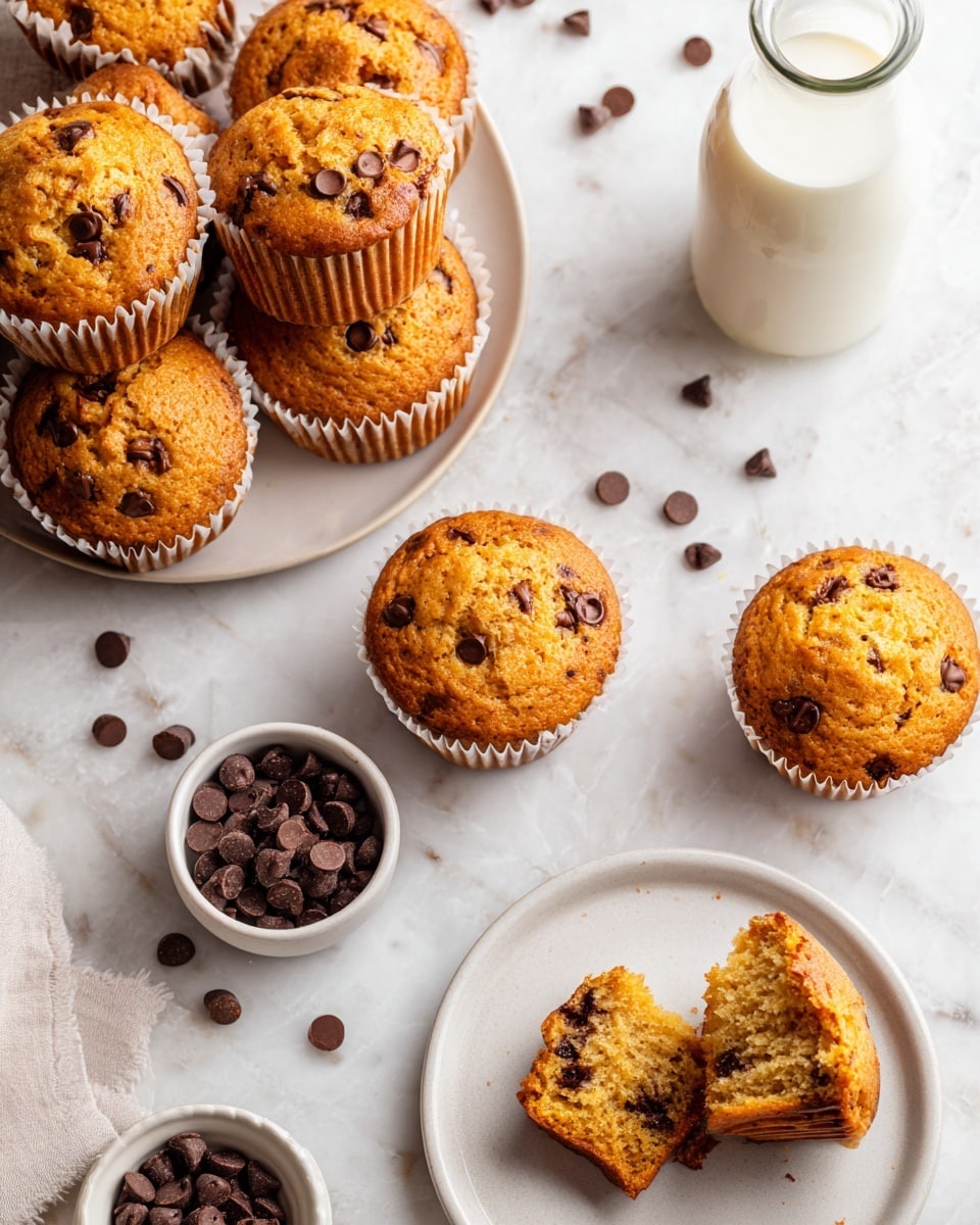 Several light brown muffins with chocolate chips on top are scattered across a white marbled surface. Each muffin is in a white paper liner, showing a rough texture with visible cracks. A white bowl filled with small dark chocolate chips sits near the center. To the right, a plain white plate holds one muffin broken into two pieces, showing a soft inside with chocolate chips. A clear glass bottle filled with milk is placed near the top right corner. Chocolate chips are also scattered loosely around the muffins and bowl. photo taken with an iphone --ar 4:5 --v 7