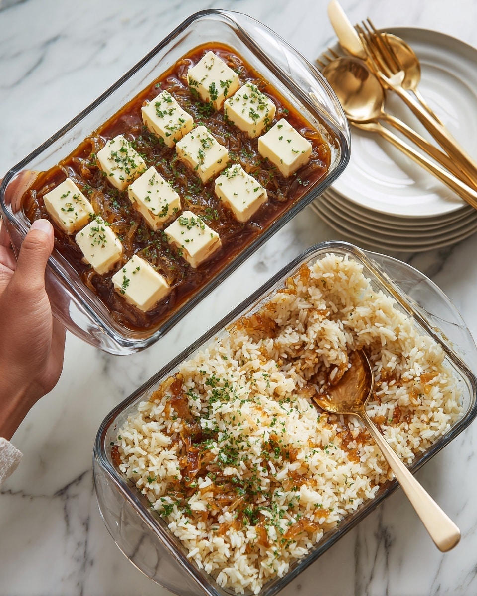 The image shows two clear square glass dishes against a white marbled surface. The bottom dish is filled with cooked rice mixed with small pieces of caramelized onions and sprinkled with chopped green herbs. A gold spoon rests inside this dish, partly buried in the rice. The top dish is being held at an angle by a woman's hand by the edge, revealing a brown sauce with nine evenly spaced white butter slices on top. In the background, there is a stack of white plates with gold flatware on top. Photo taken with an iphone --ar 4:5 --v 7